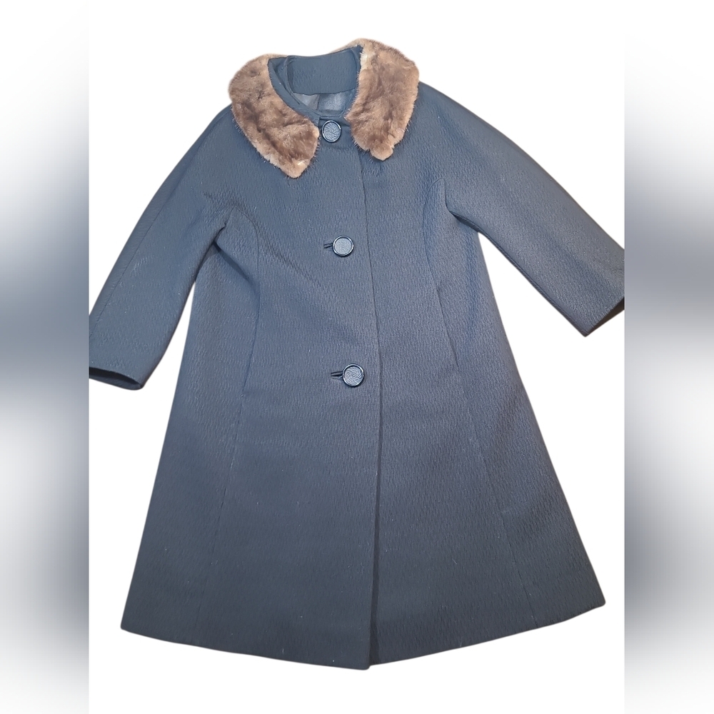 Forstmann Vintage 1950s Black Coat with Fur Collar Size Small